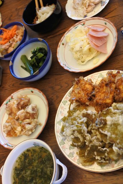 [画像がありません]ブドウの葉の天ぷら、豆腐のおかか揚げ他（5月6日）