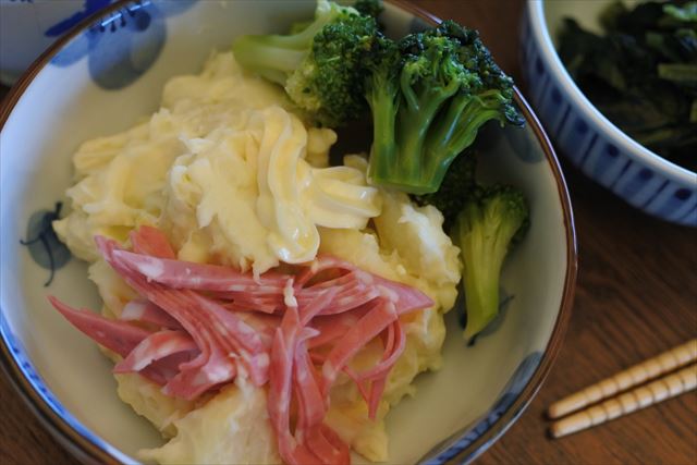 [画像がありません]ポテトサラダ、煮卵、サツマイモの天ぷら（5月21日）