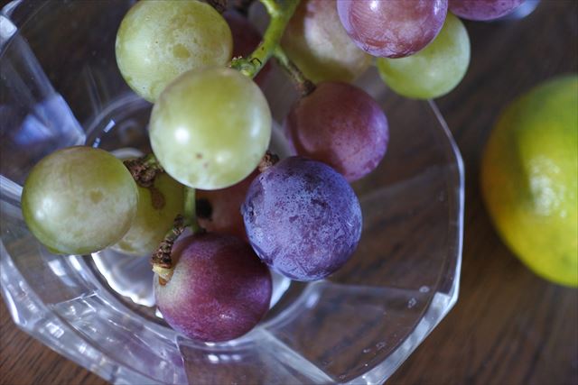 [画像がありません]我が家で取れたブドウと蜜柑（10月3日）