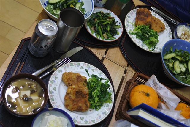 [画像がありません]イベリコ豚のとんかつ、春菊とエノキの炒め物（1月14日）