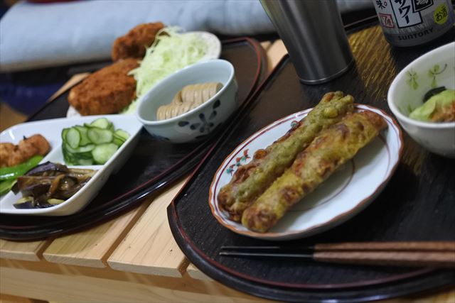 [画像がありません]夕食。竹の子、ピーマン、なす、ちくわの天ぷらなど（5月22日）