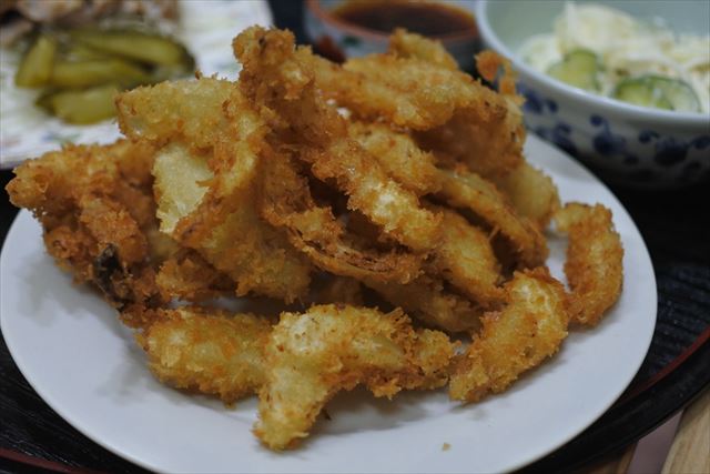 [画像がありません]焼きしゃぶと玉ねぎフライ。夫の好物（9月10日）