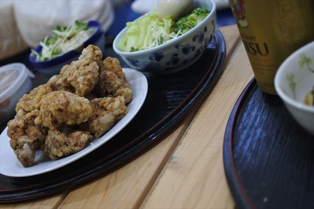 [画像がありません]鶏のから揚げとサラダ味玉（4月9日）